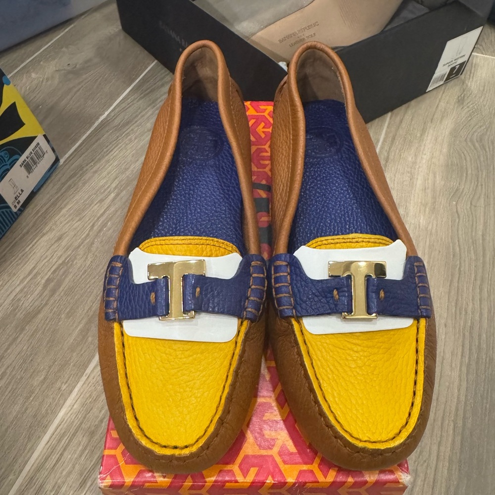 Tory Burch Yellow and Brown Loafers with Blue Accent
